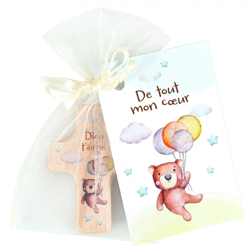 Mini Croix Ourson - en Hêtre "Dieu t'aime"