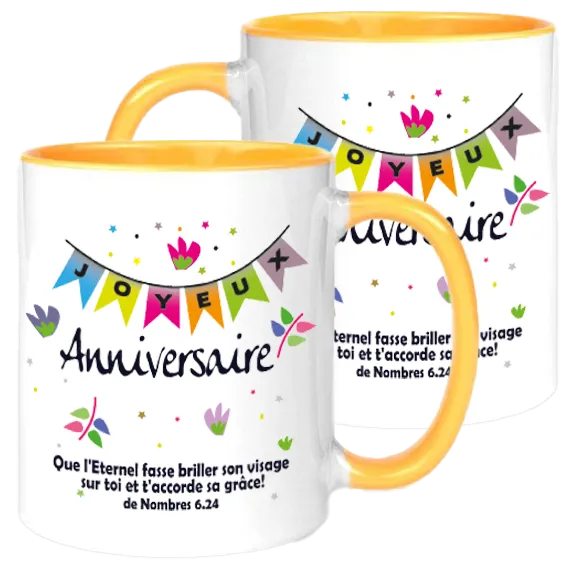 Mug blanc/jaune "Que l'Eternel fasse briller son visage…" Nombres 6.24 - Anniversaire