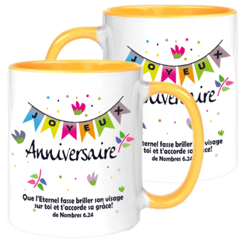 Mug blanc/jaune « Que l'Éternel fasse briller son visage […] » - Nombres 6.24. Anniversaire