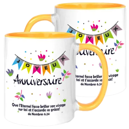Mug blanc/jaune "Que l'Eternel fasse briller son visage…" Nombres 6.24 - Anniversaire