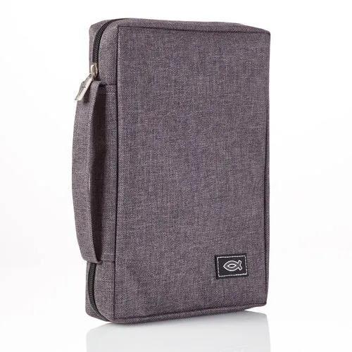 Pochette Bible, taille M, toile grise et ichthus