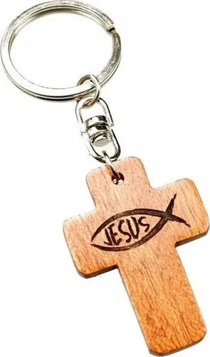 Porte clé croix en bois Ichtus et Jésus gravés