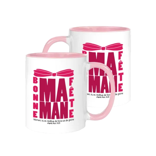 Mug bicolore blanc/rose, " Maman, tu es revêtue de force et de gloire" - Fête des mères