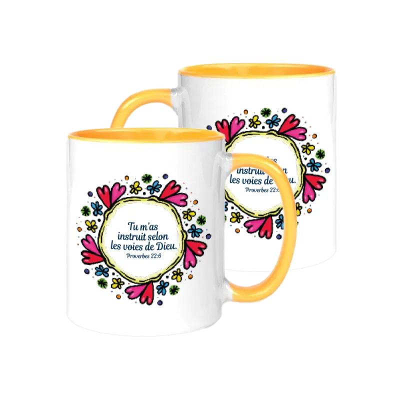 Mug bicolore blanc/jaune "Proverbes 22.6" - Fête des mères