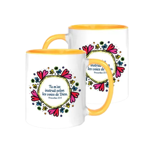 Mug bicolore blanc/jaune "Proverbes 22.6" - Fête des mères