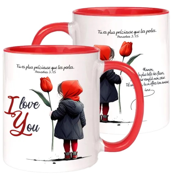 Mug blanc/rouge "I love you" - Fête des mères