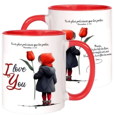 Mug blanc/rouge "I love you" - Fête des mères