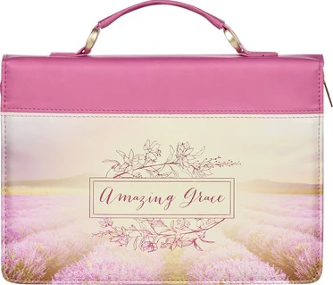 Pochette Bible, taille L, "Amazing grace", similicuir rose/lavandes, poignée, poche extérieure