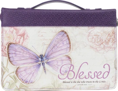 Pochette Bible, taille L, "Blessed", similicuir/tissu mauve/papillon, poignée