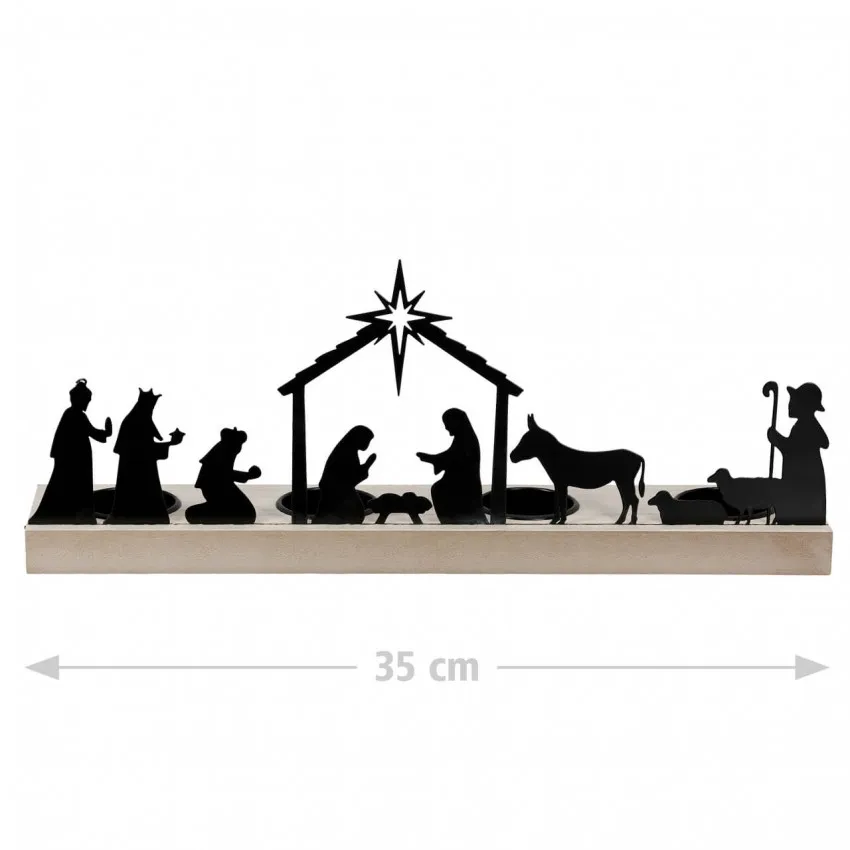 Krippe - Teelichtleuchter - Metallfiguren und Holzleiste