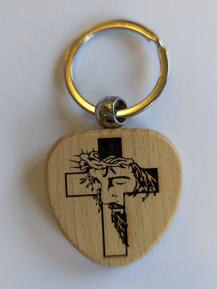 Porte-clé en bois "Croix-Visage Jésus" - Forme cœur