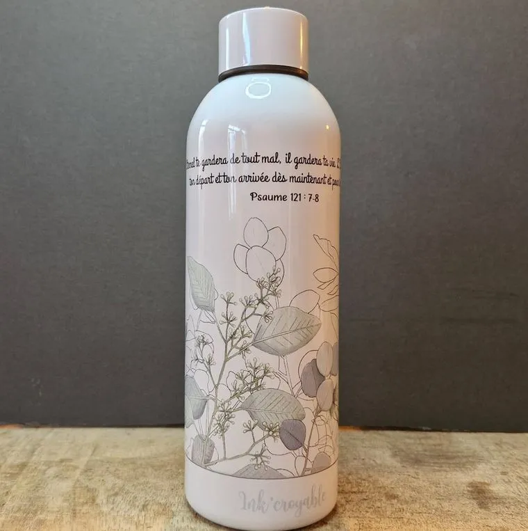 Bouteille isotherme, blanche, couvercle à vis, finition brillante - "L'Eternel te gardera de tout...