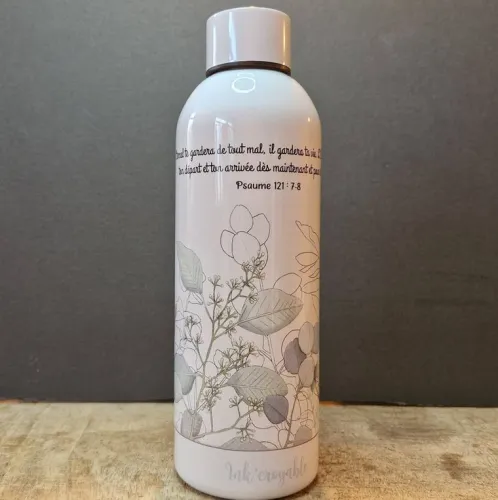 Bouteille isotherme, blanche, couvercle à vis, finition brillante - "L'Eternel te gardera de tout...