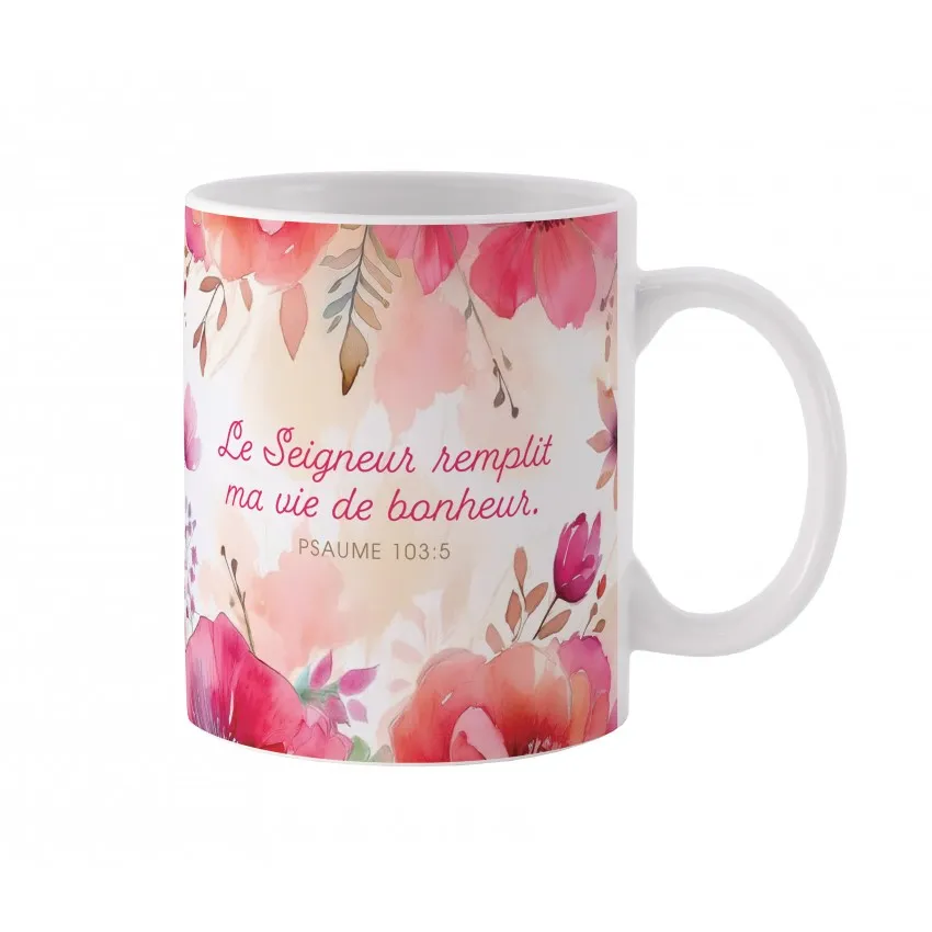 Tasse florale « Le Seigneur remplit ma vie de bonheur »