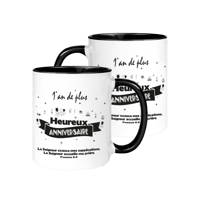 Mug bicolore blanc/noir "L'Eternel exauce mes supplications…" Psaume 6.9 - Anniversaire