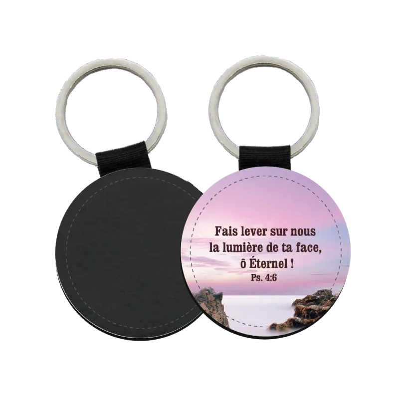 Porte-clés similicuir rond - "Fais lever sur nous la lumière de ta face, Ô Eternel !" Psaume 4.6