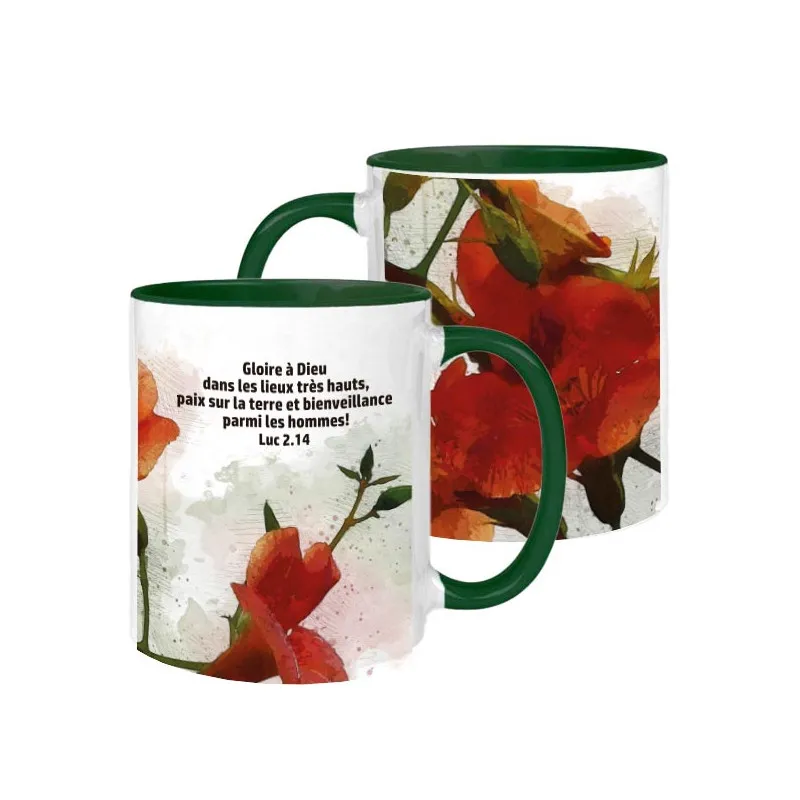 Mug bicolore blanc/vert « Gloire à Dieu...  » Luc 2.14