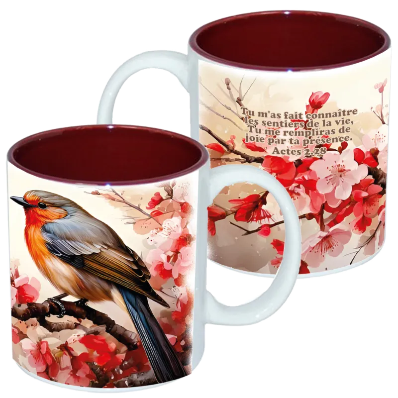 Mug bicolore blanc/marron, «Tu m'as fait connaître...» Actes 2.28 - Oiseau sur cerisier fleuri.