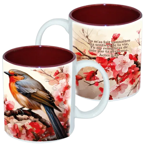 Mug bicolore blanc/marron, «Tu m'as fait connaître...» Actes 2.28 - Oiseau sur cerisier fleuri.