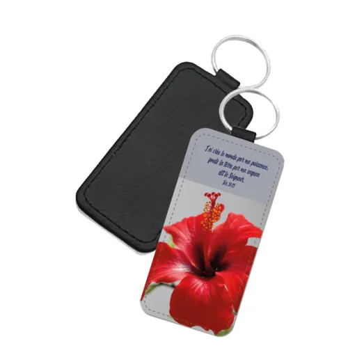 Porte-clés similicuir rectangulaire - "J'ai créé le monde par ma puissance, fondé la terre par …"...