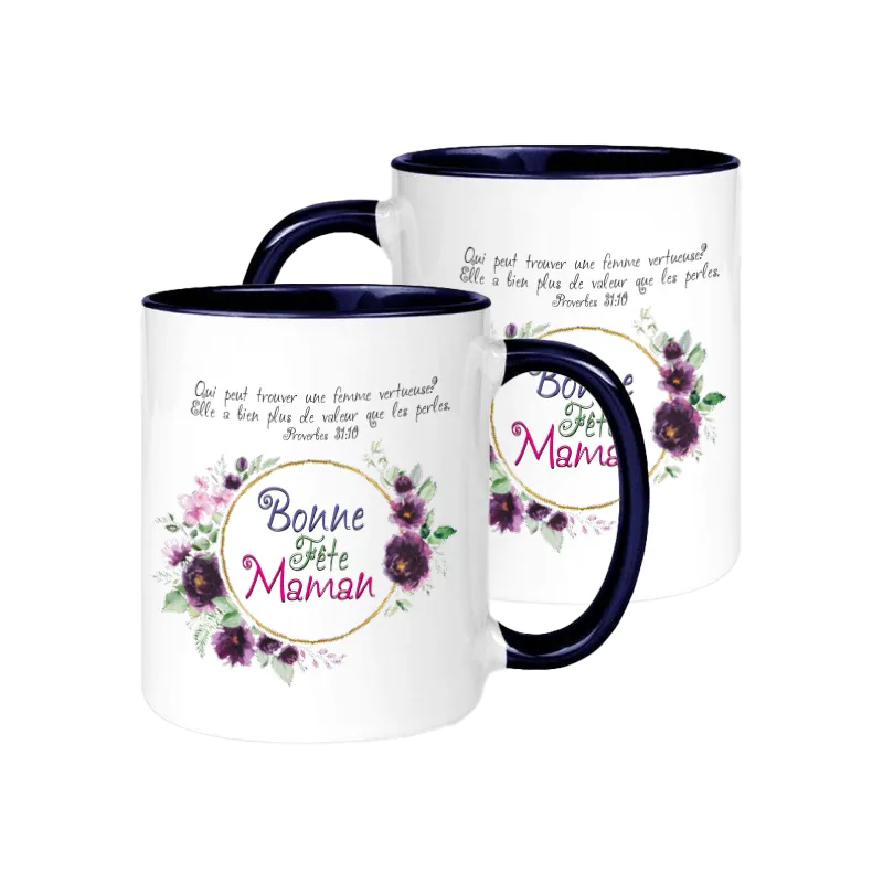 Mug bicolore blanc/bleu marine, Bonne fête Maman - "Qui peut trouver une femme vertueuse? Elle a...