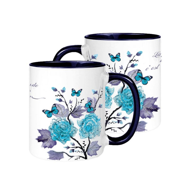 Mug bicolore blanc/Bleu marine, fleurs - "La plus grande des choses c'est l'amour." 1 Cor 13