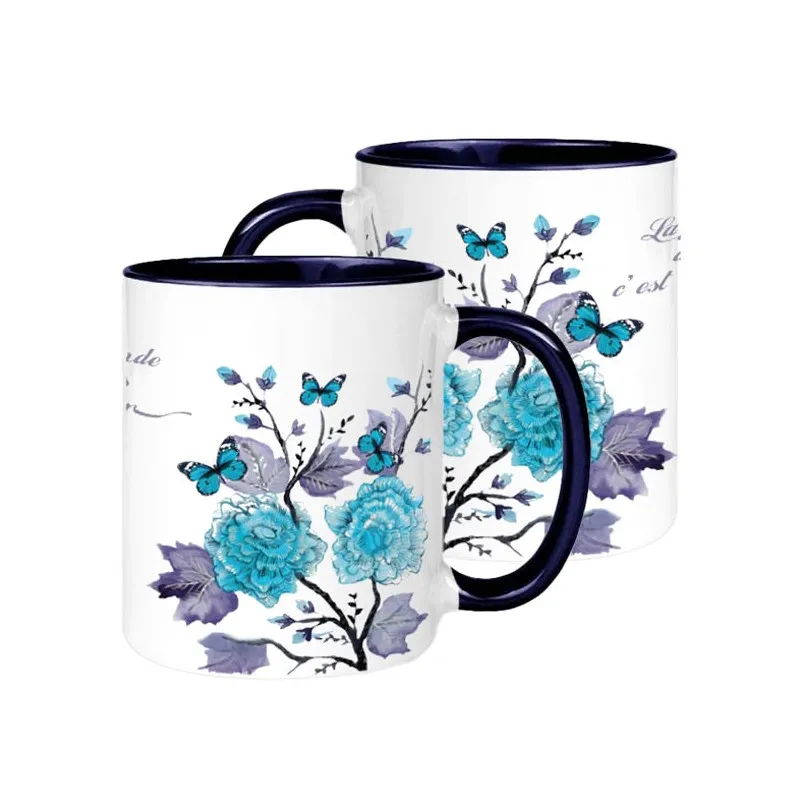 Mug bicolore blanc/Bleu marine, fleurs - "La plus grande des choses c'est l'amour." 1 Cor 13