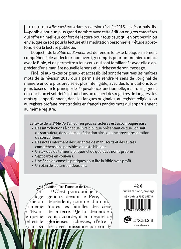 Bible Semeur 2015, gros caractères, blanche illustrée, semi-souple textile, tranche blanche