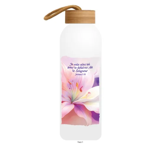 Gourde en aluminuim blanc - Motif Lys "Je suis avec toi pour te délivrer, dit le Seigneur."...