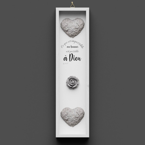 Cadre en bois, "Ce qui est impossible…" Luc 18.27 - Vertical, avec cœurs et rose en béton