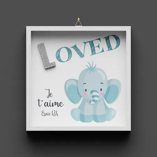 Cadre en bois "LOVED" Esaie 43.4 - Pour enfants, avec éléphant