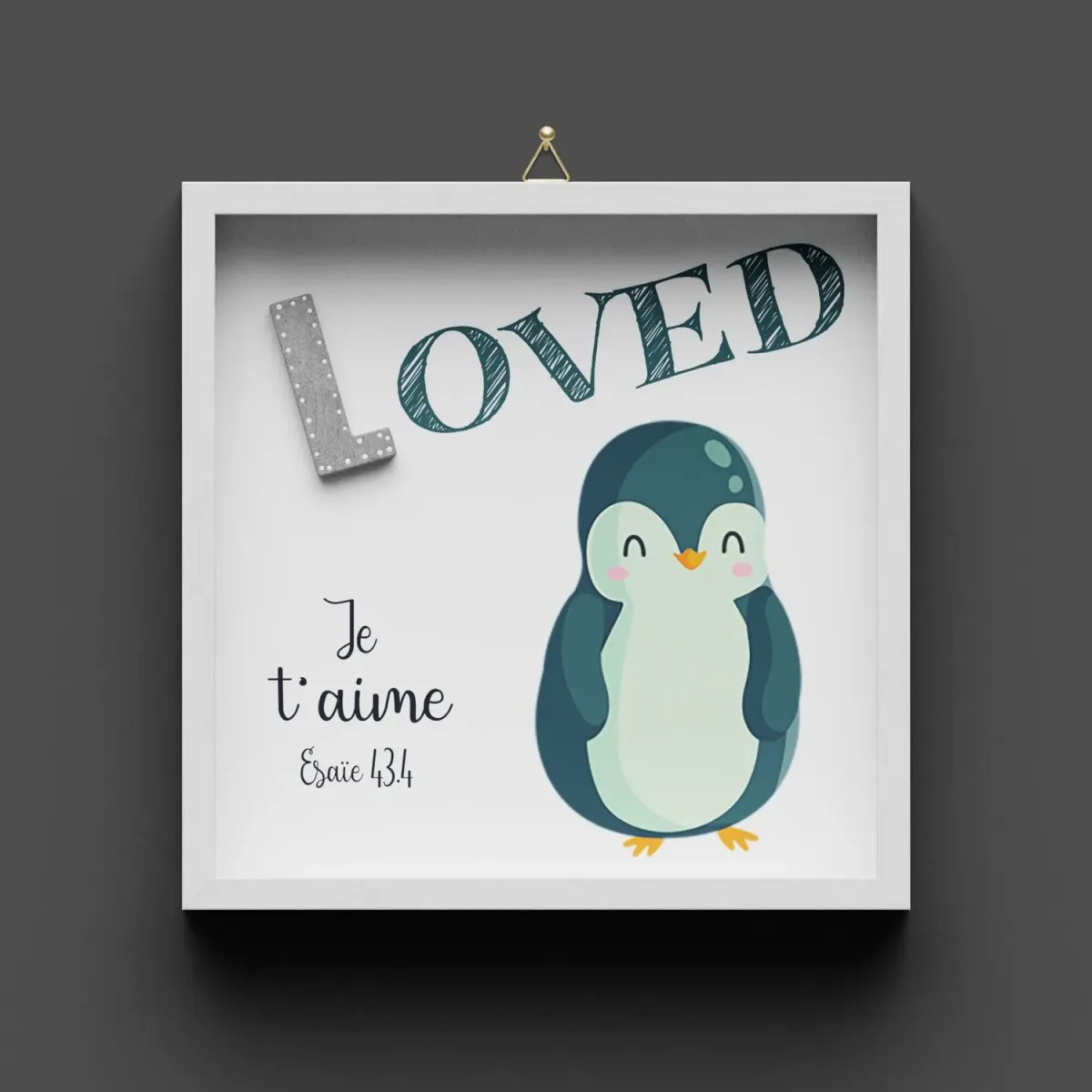 Cadre en bois, "LOVED" Esaie 43.4 - Pour enfants, avec pingouin