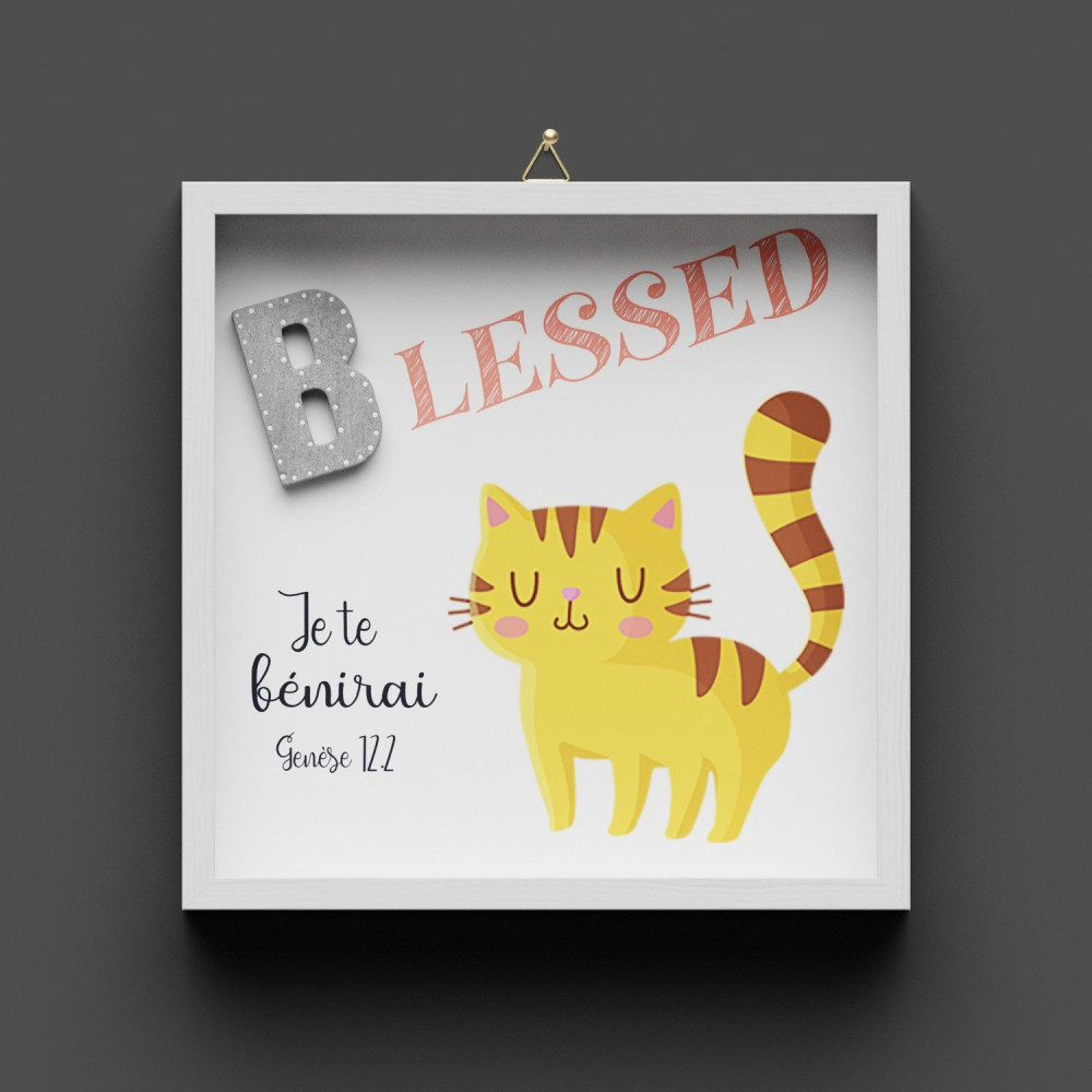 Cadre en bois "BLESSED" Genèse 12.2 - Pour enfants, avec chat