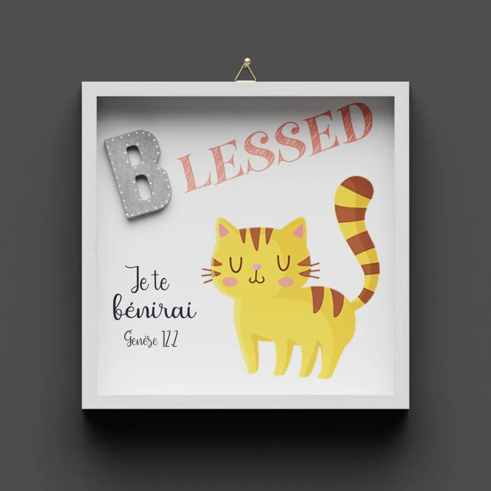Cadre en bois "BLESSED" Genèse 12.2 - Pour enfants, avec chat