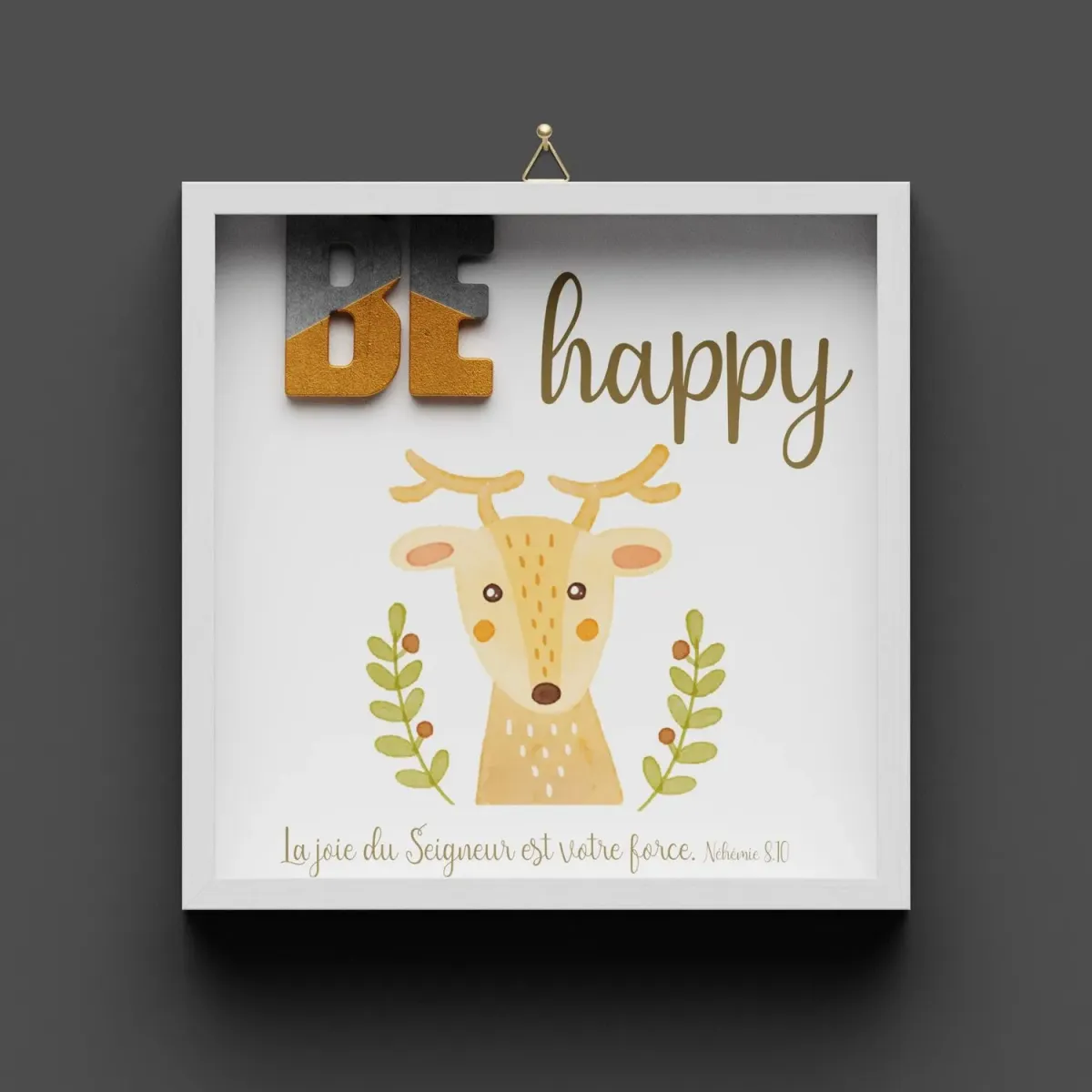 Cadre en bois, "BE HAPPY" Néhémie 8.10 - Pour enfants, avec cerf
