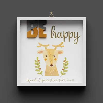 Cadre en bois, "BE HAPPY" Néhémie 8.10 - Pour enfants, avec cerf