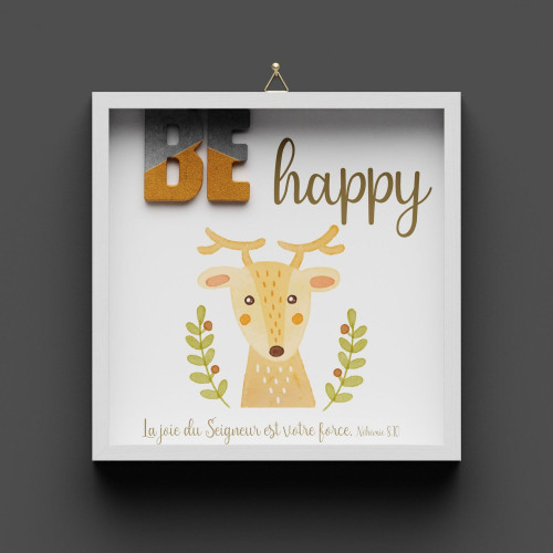 Cadre en bois, "BE HAPPY" Néhémie 8.10 - Pour enfants, avec cerf