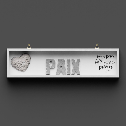 Cadre en bois PAIX 1 Samuel 1.17 - lettres béton décor, cadre peint en blanc, avec crochet
