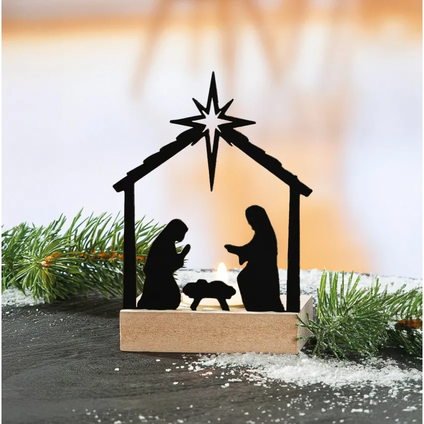 Photophore Crèche en bois - et métal noir