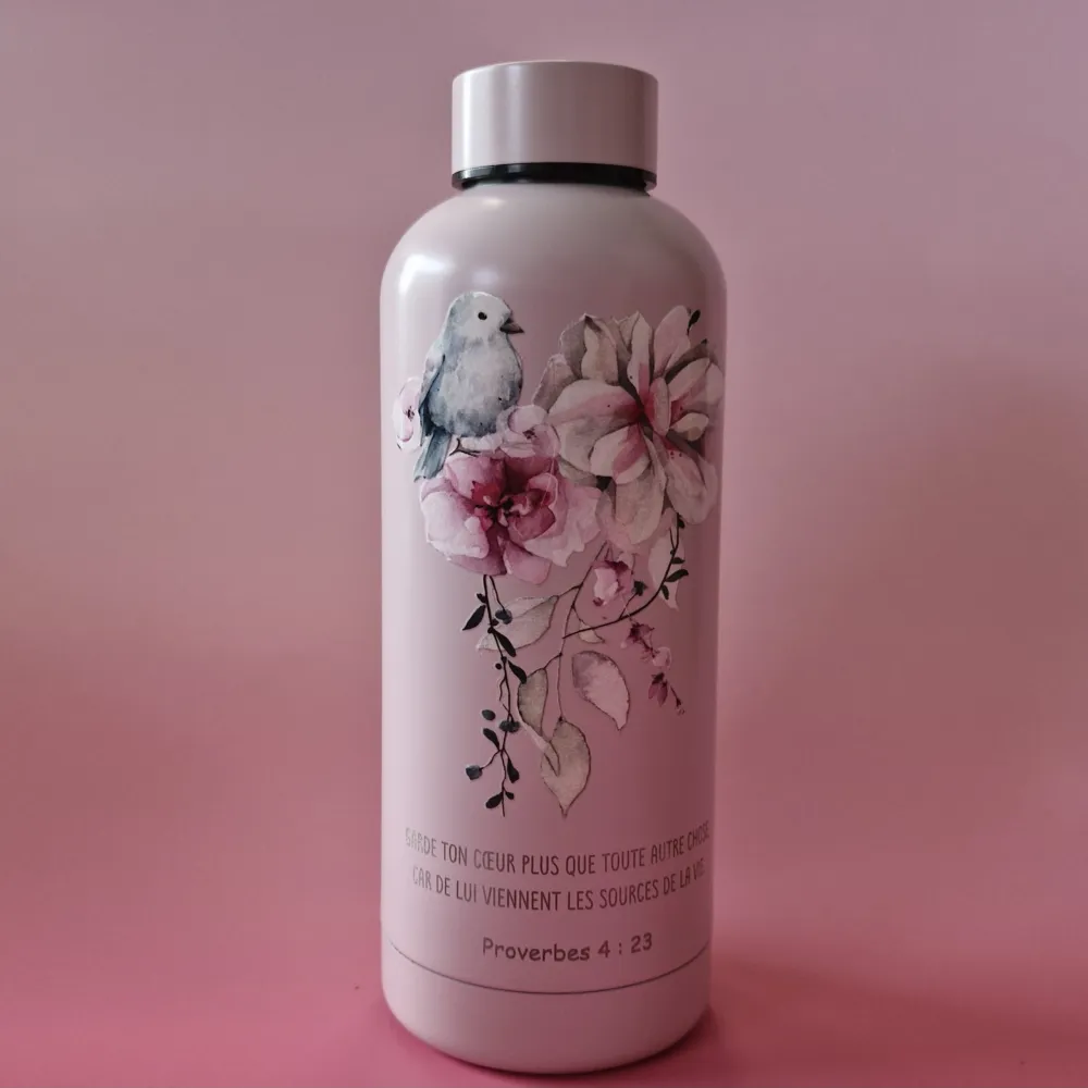 Bouteille isotherme, rose, couvercle à vis - "Garde ton cœur plus que toute autre chose,..."...