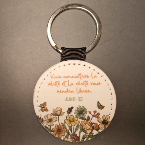 Porte-clés imprimé, rond, cuir synthétique - "Vous connaîtrez la vérité et la vérité vous rendra...