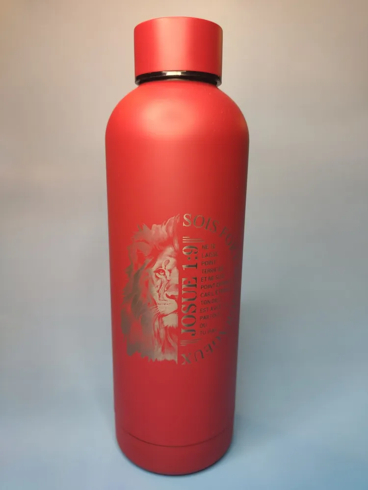 Bouteille isotherme Lion, rouge, bouchon à vis - "Sois fort et courageaux ne te laisse point...