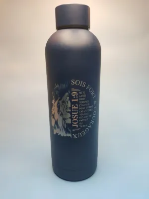 Bouteille isotherme Lion, bleue, bouchon à vis - "Sois fort et courageaux ne te laisse point...