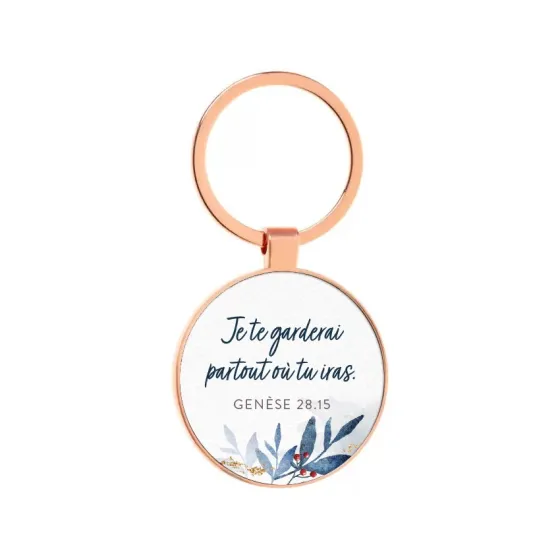 Porte-clé métal rose doré - Verset :« Je te garderai partout où tu iras. »(Genèse 28.5)