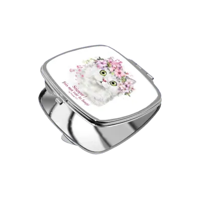 Miroir de poche carré métal, chat - "Seigneur! Fais-moi voir ta bonté." Psaume 85.7