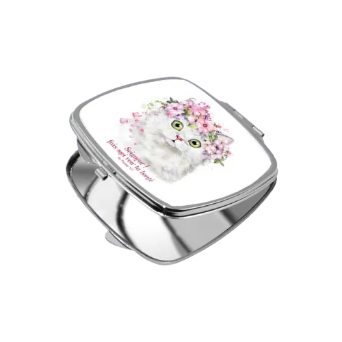 Miroir de poche carré métal, chat - "Seigneur! Fais-moi voir ta bonté." Psaume 85.7