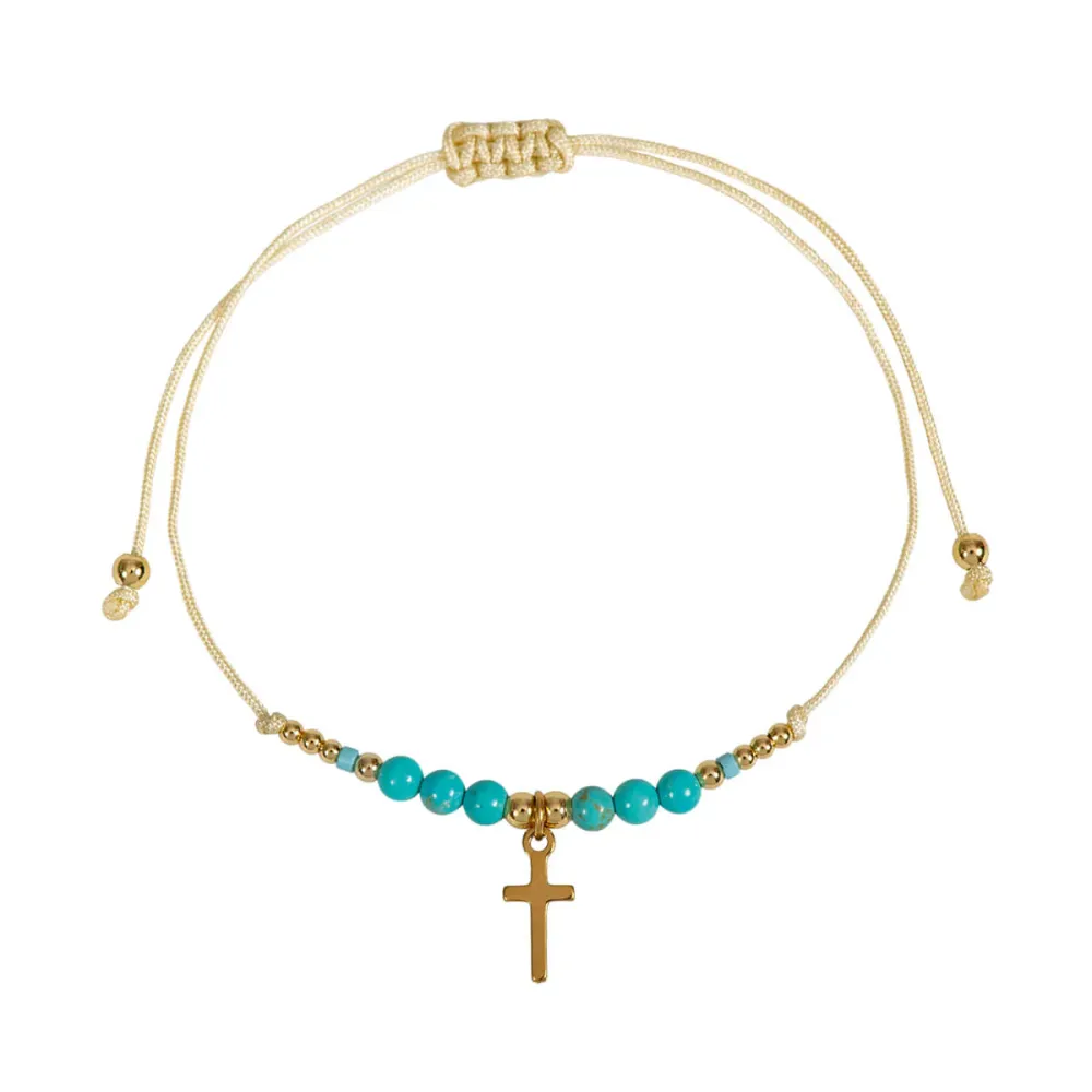 Bracelet textile avec perles turquoises - croix acier inoxydable