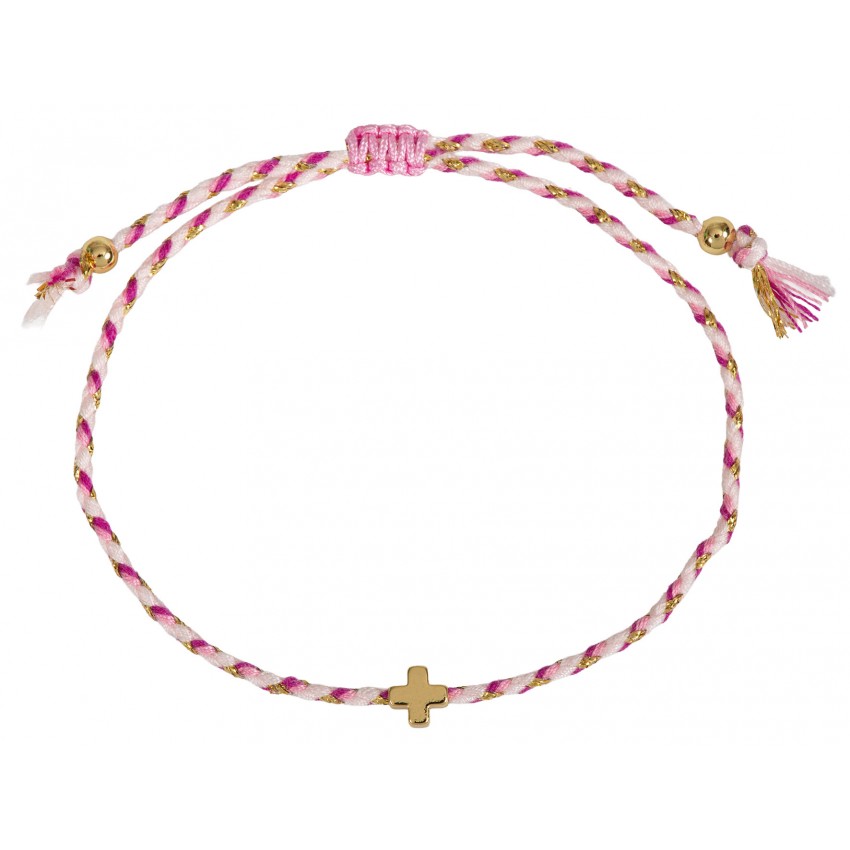 Bracelet textile tressé avec croix - rose