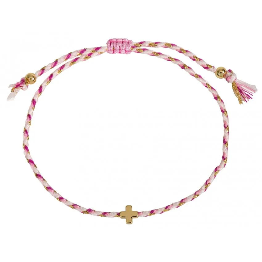 Bracelet textile tressé avec croix - rose