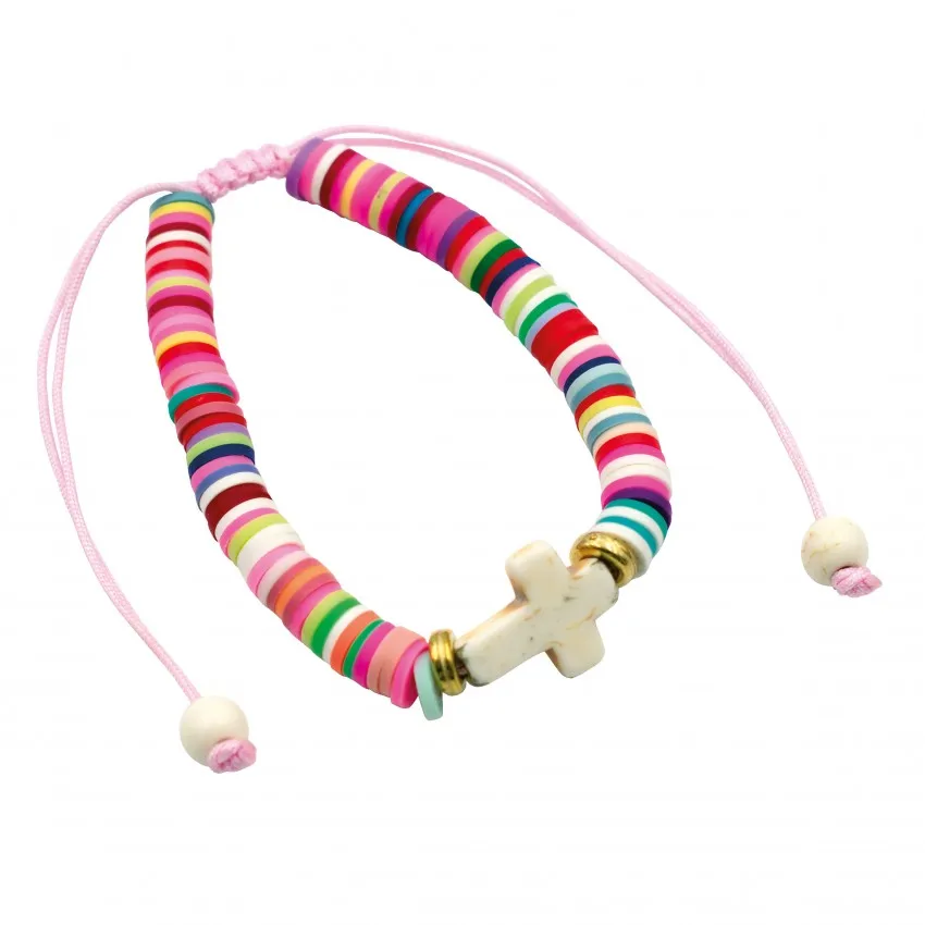 Bracelet perles plates et croix rose